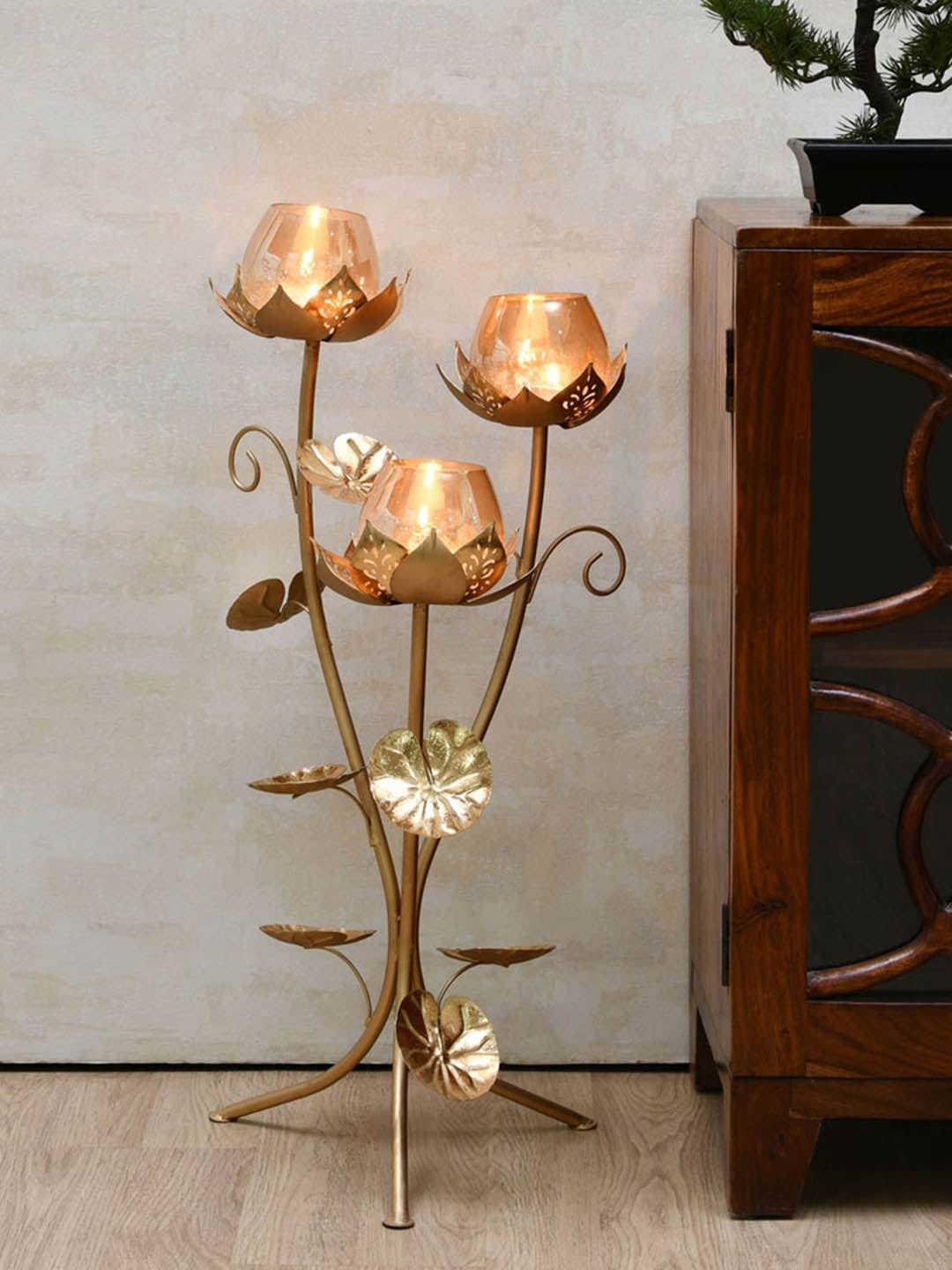 3 Lotus Floor Candle Stand Gold