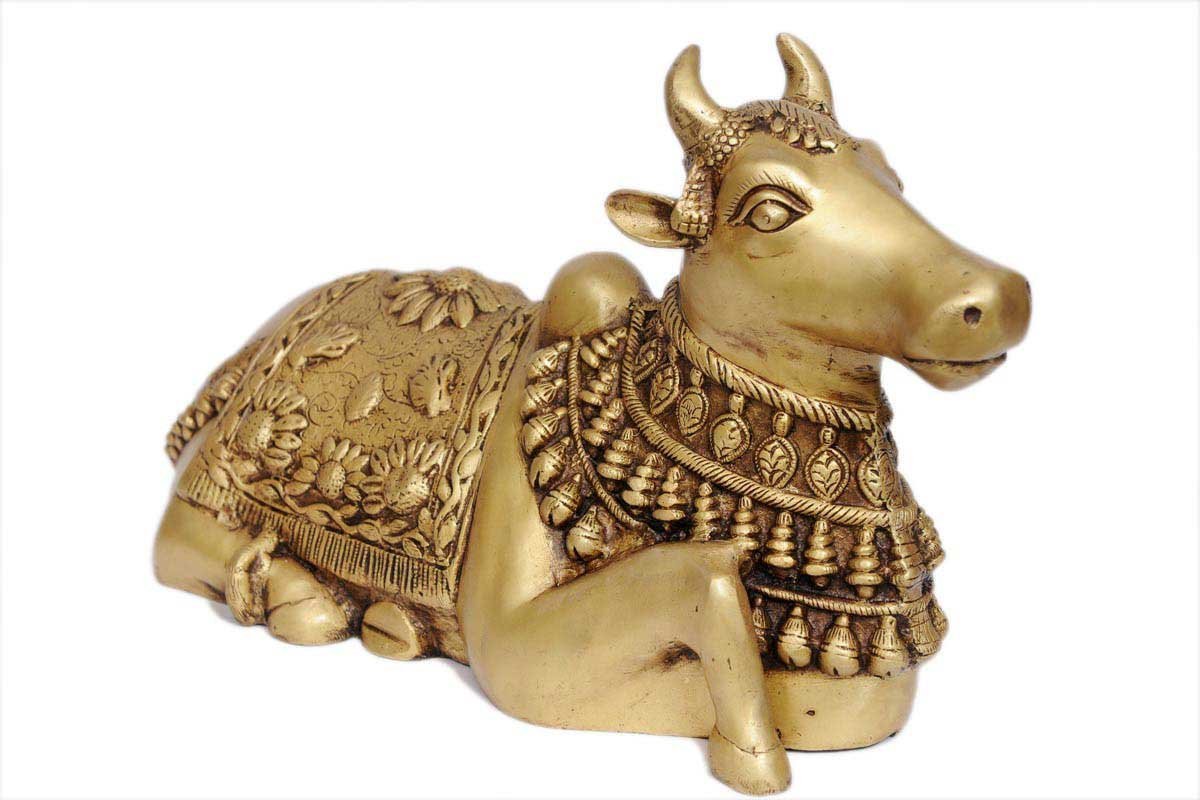 Nandi Statue - Brass Idol - Figure Ride of Shiva - Gold Color - 11"