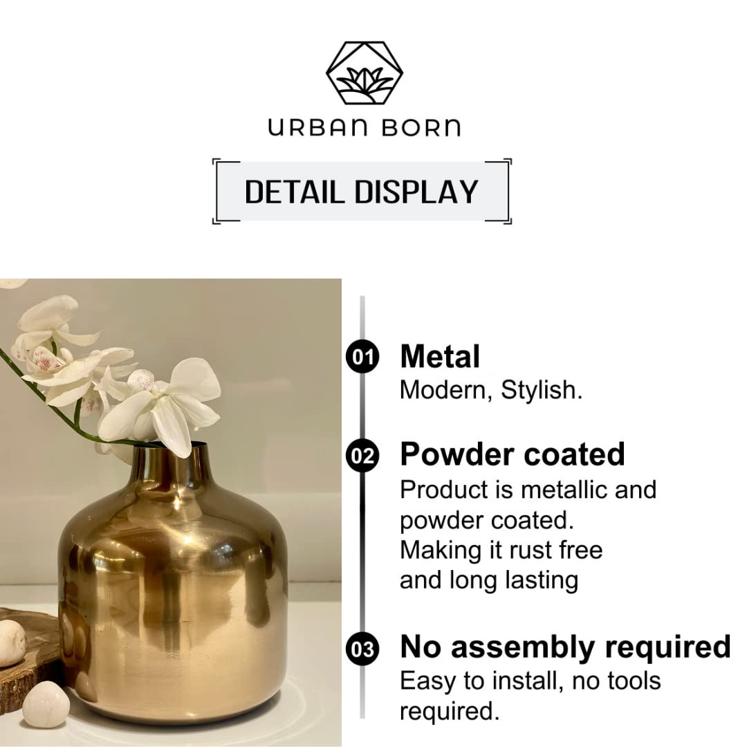 Golden colour vase with white flowers on a neutral background and product details