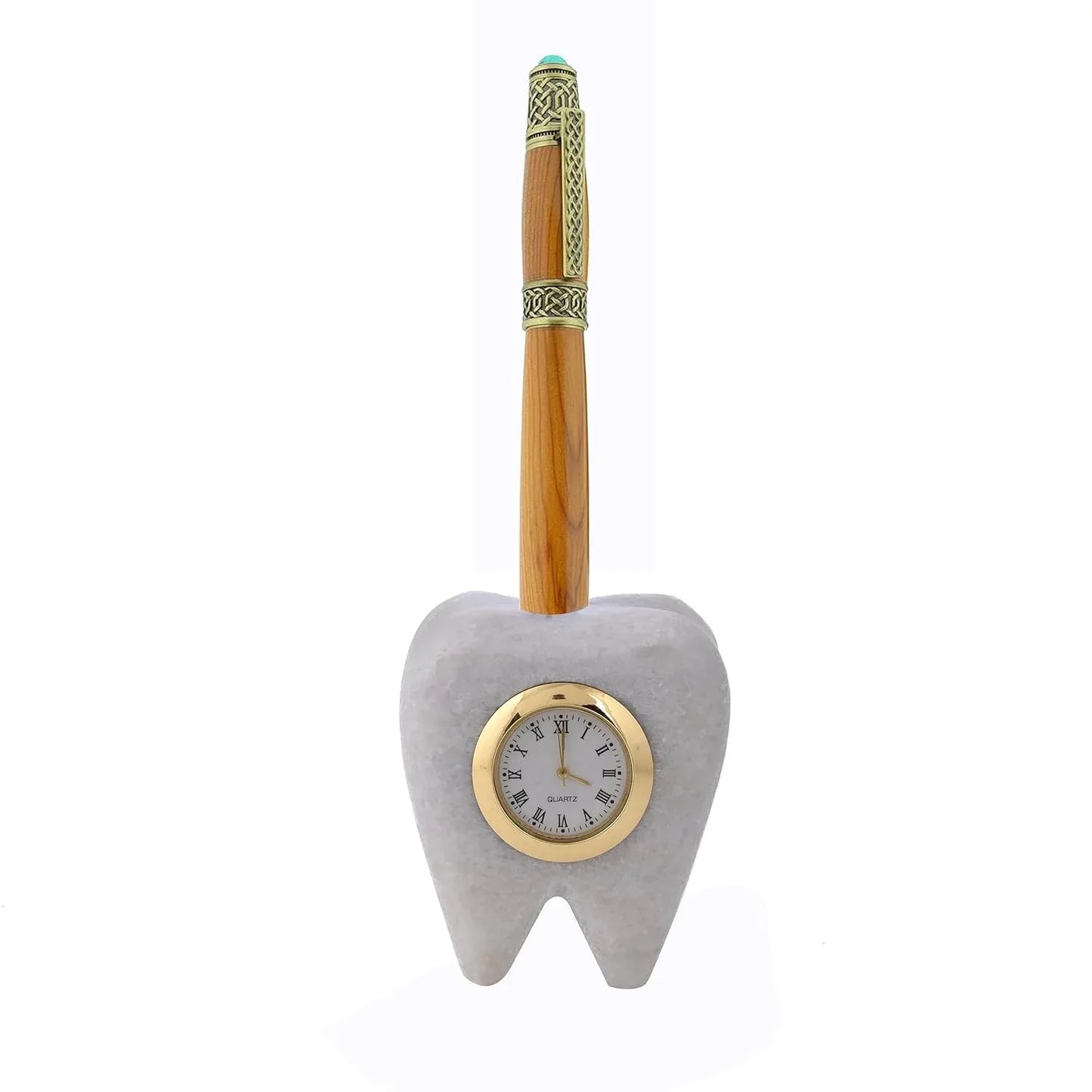 Tooth Shaped Dentist Desk Marble Table Clock for Decor and Paper Weight, Gift for Dentists and Doctors (Clock with Pen Stand)