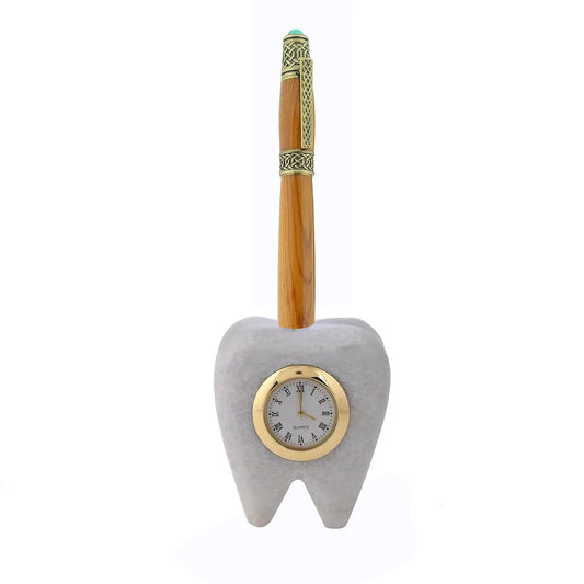 Tooth Shaped Dentist Desk Marble Table Clock for Decor and Paper Weight, Gift for Dentists and Doctors (Clock with Pen Stand)
