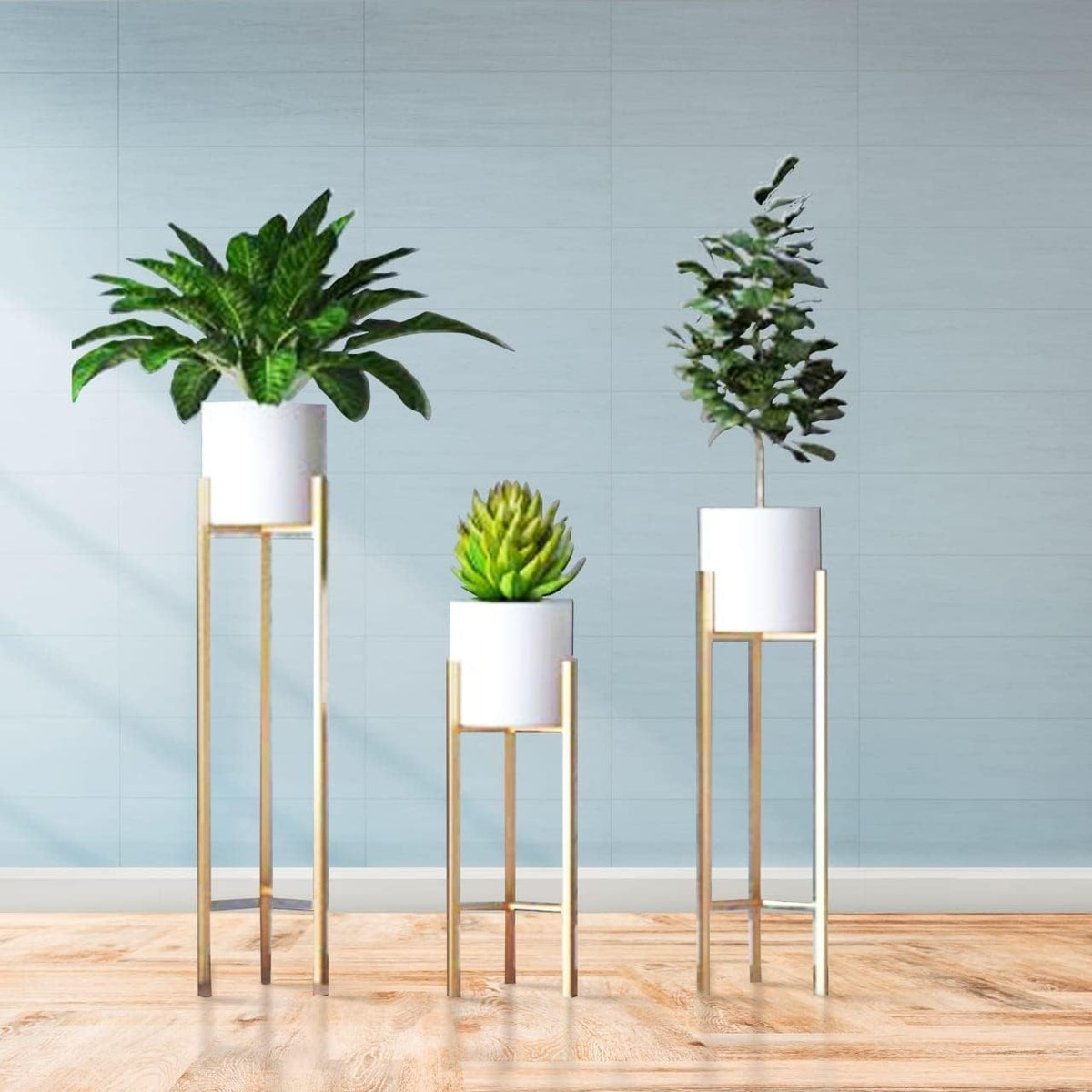 White Metal Plant Stand with Gold Finish – Set of 3