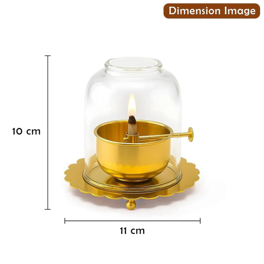 Brass Akhand Jyoti Diya Oil Lamp with Adjustable Bati Knob with Dimension