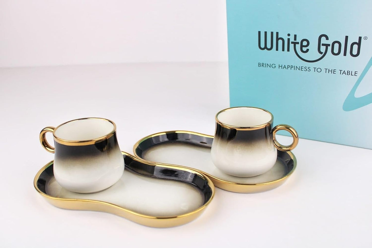 White Gold Ceramic Tea Cup Set with Snack Tray