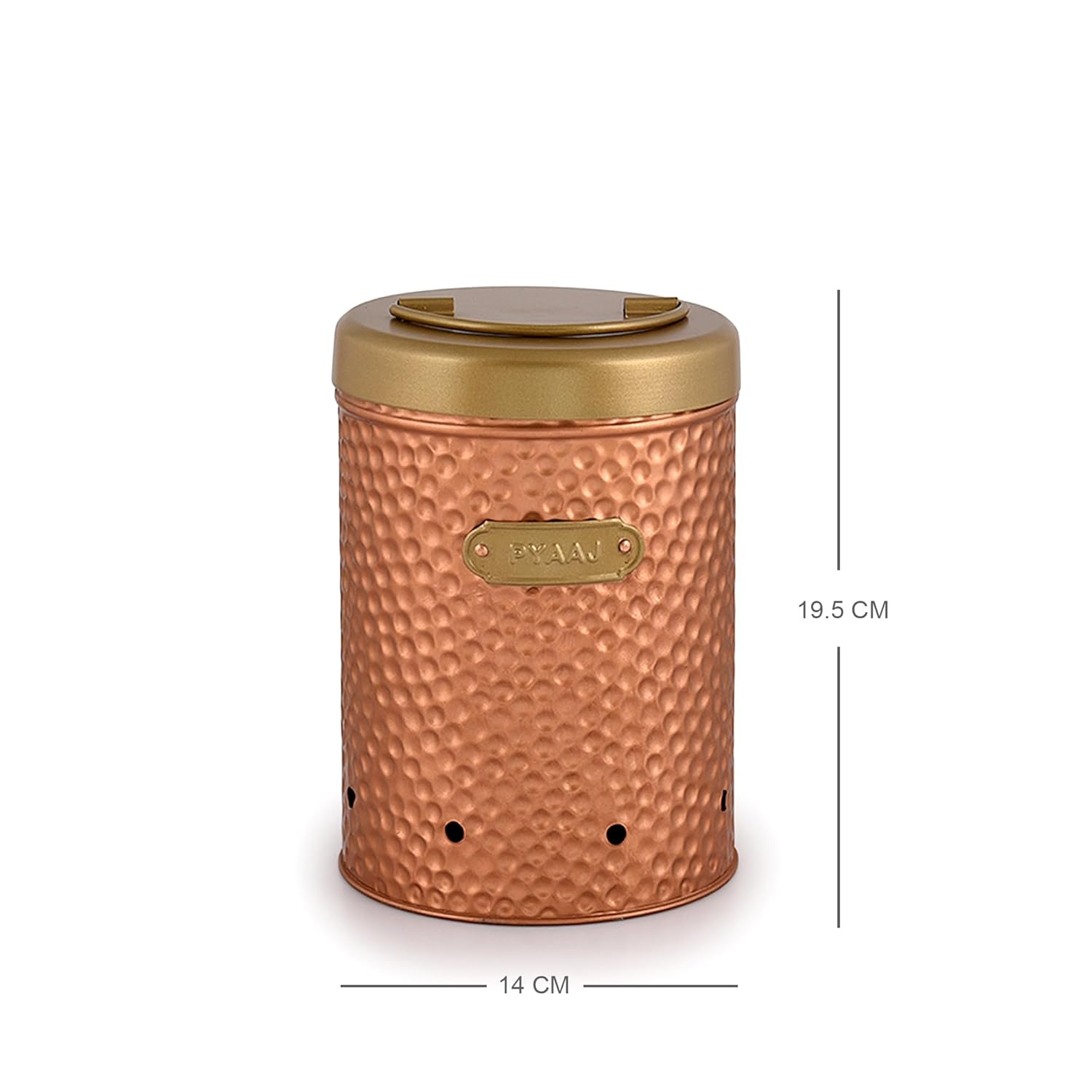 Copper-colored container with a gold lid