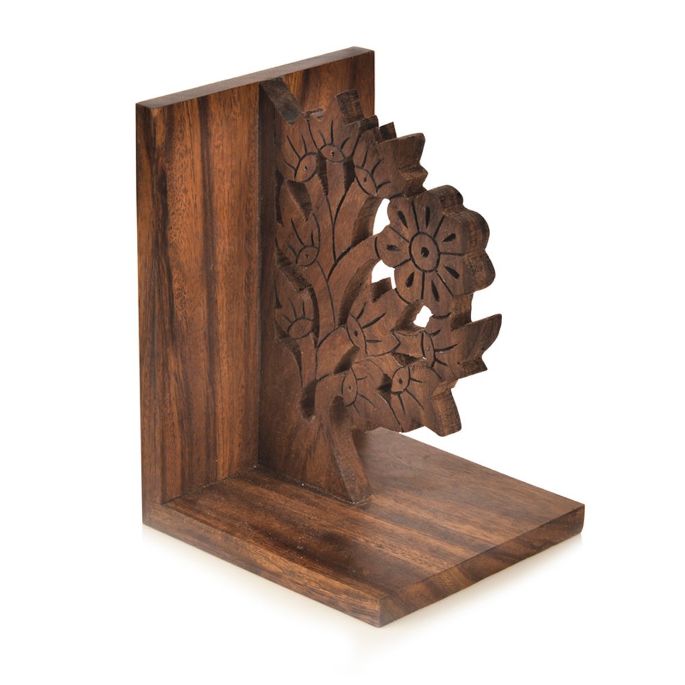 'Engraved Tree' Sheesham Wooden Bookends (11.9 cm x 11.2 cm x 16.0 cm, Brown)