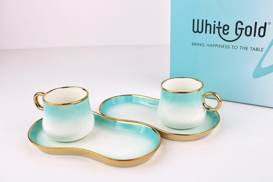 White Gold Ceramic Tea Cup Set with Snack Tray