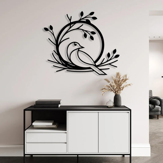 Bird in Nest Metal Wall Art – Elegant Black Finish Home Decor