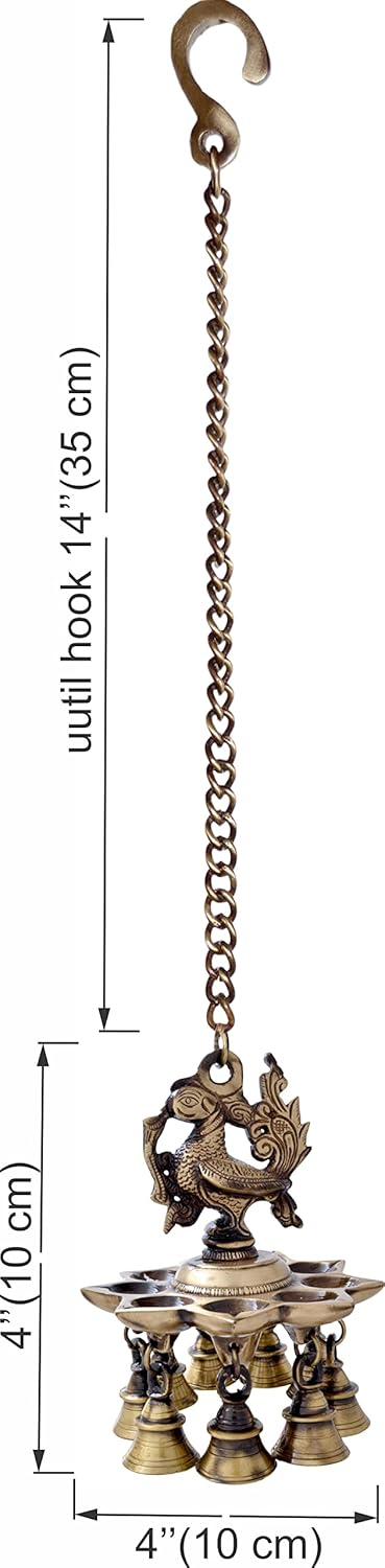 Peacock Design Brass Hanging Diya with Bells, Height: 14 Inches