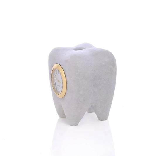Tooth Shaped Dentist Desk Marble Table Clock for Decor and Paper Weight, Gift for Dentists and Doctors (Clock with Pen Stand)