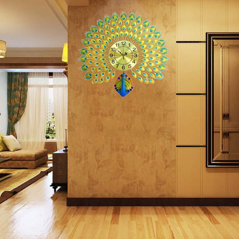 Metal Peacock With Gem Stones Plumage Wall Clock