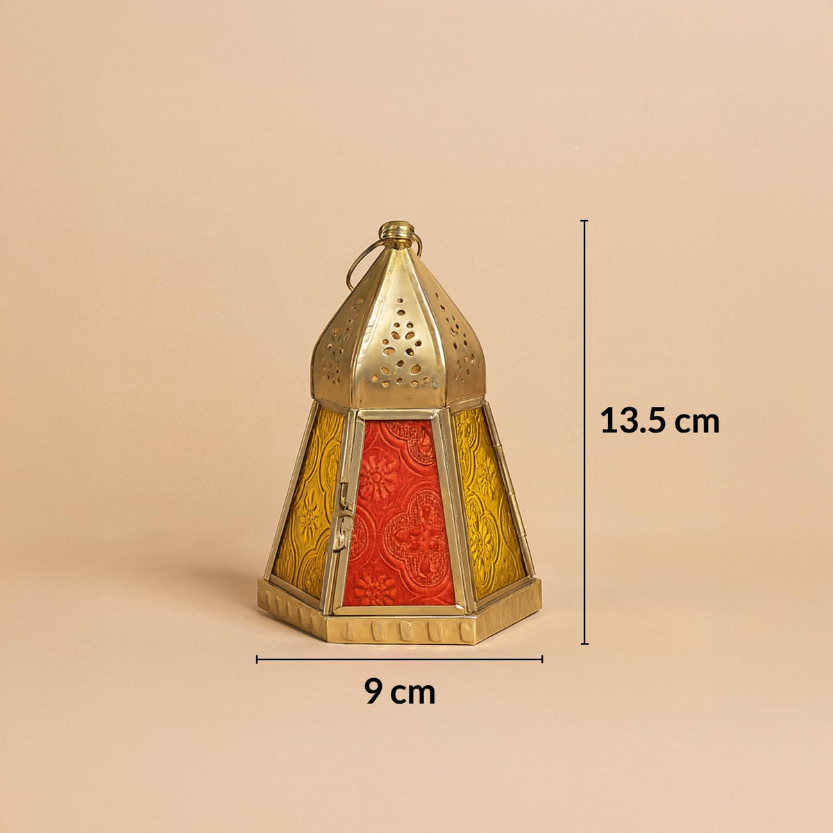 Gold Iron Lantern with Red and Yellow Panels- 13.5 cm