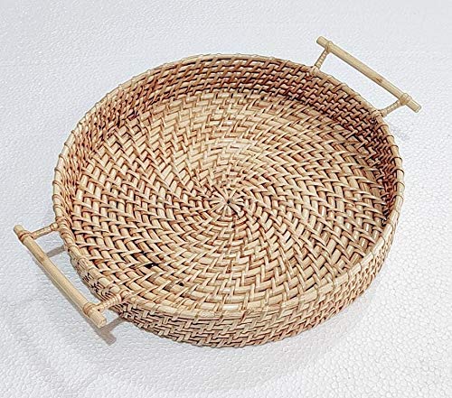 Handmade Cane Round Serving Tray with Handle