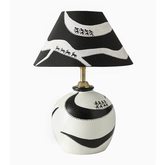 Warli Hand Painted Monochrome Terracotta Table Lamp with white background