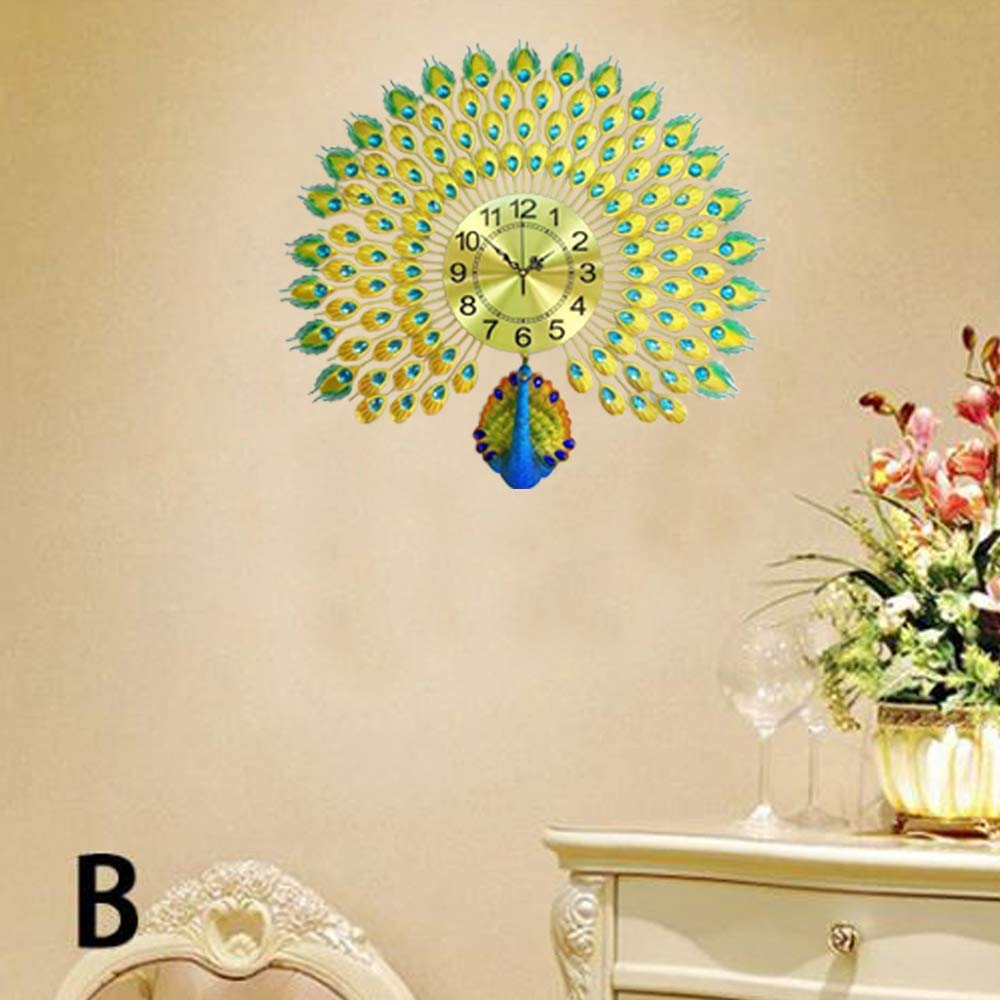 Metal Peacock With Gem Stones Plumage Wall Clock