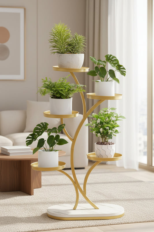 Luxury Metal Indoor 5 Tier Plant Stand with MDF Wood Base 