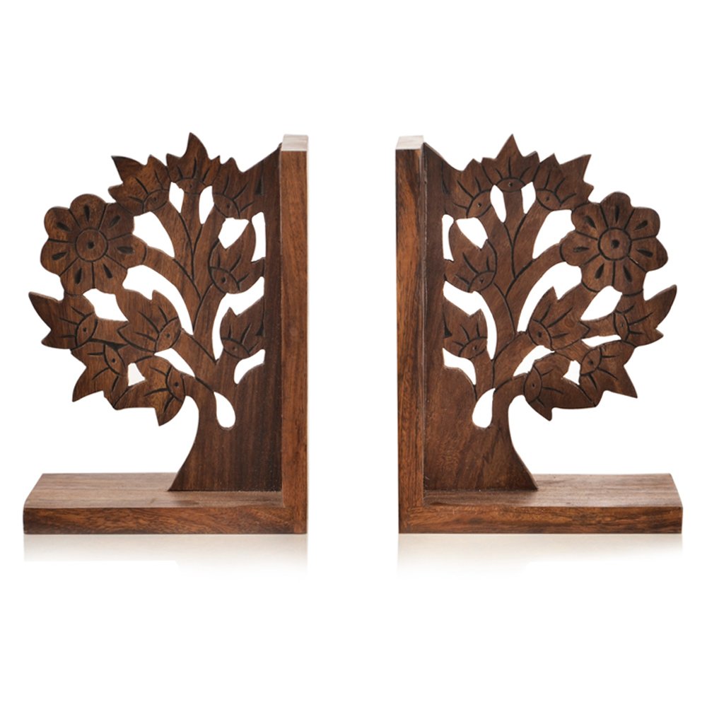 'Engraved Tree' Sheesham Wooden Bookends (11.9 cm x 11.2 cm x 16.0 cm, Brown)