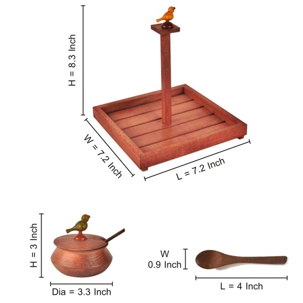 Red Wooden Spice Box Set with Bird Motif and Serving Spoons