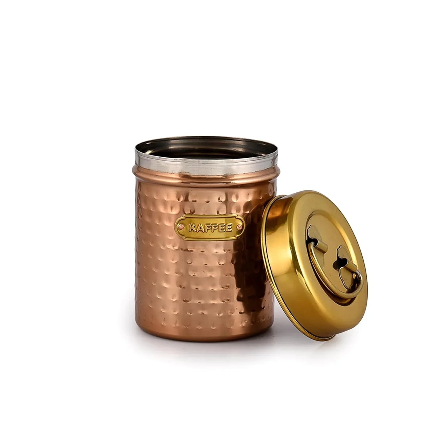 Copper canister with a gold lid on a white background