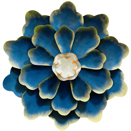 63 cm blue iron flower wall art with layered petals and gold accents - ArtyCraftz.com