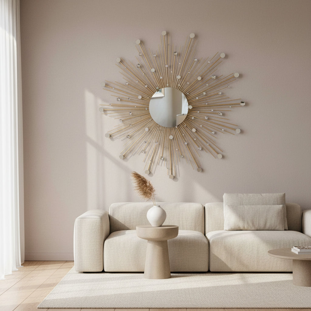 Golden Sunburst Iron Mirror Wall Decor-ArtyCraftz.com