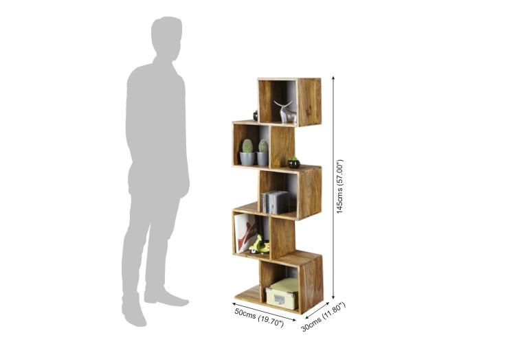 Wooden bookshelf with dimensions shown relative to a standing person on a white background