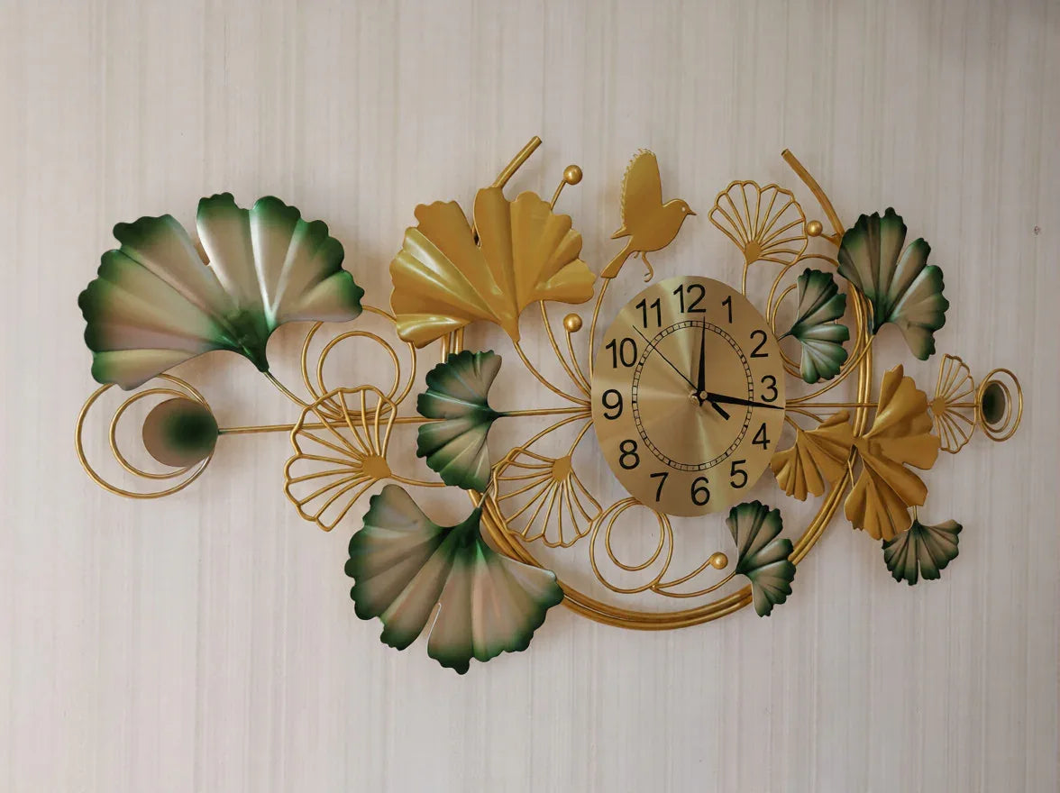 Luxury Floral Metal Wall Clock with Gold & Green Finish-ArtyCraftz.com