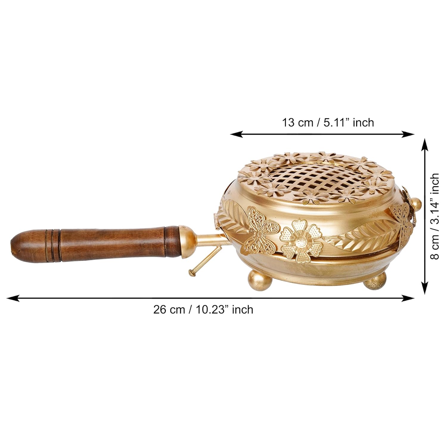 Gold incense burner with wooden handle and floral design