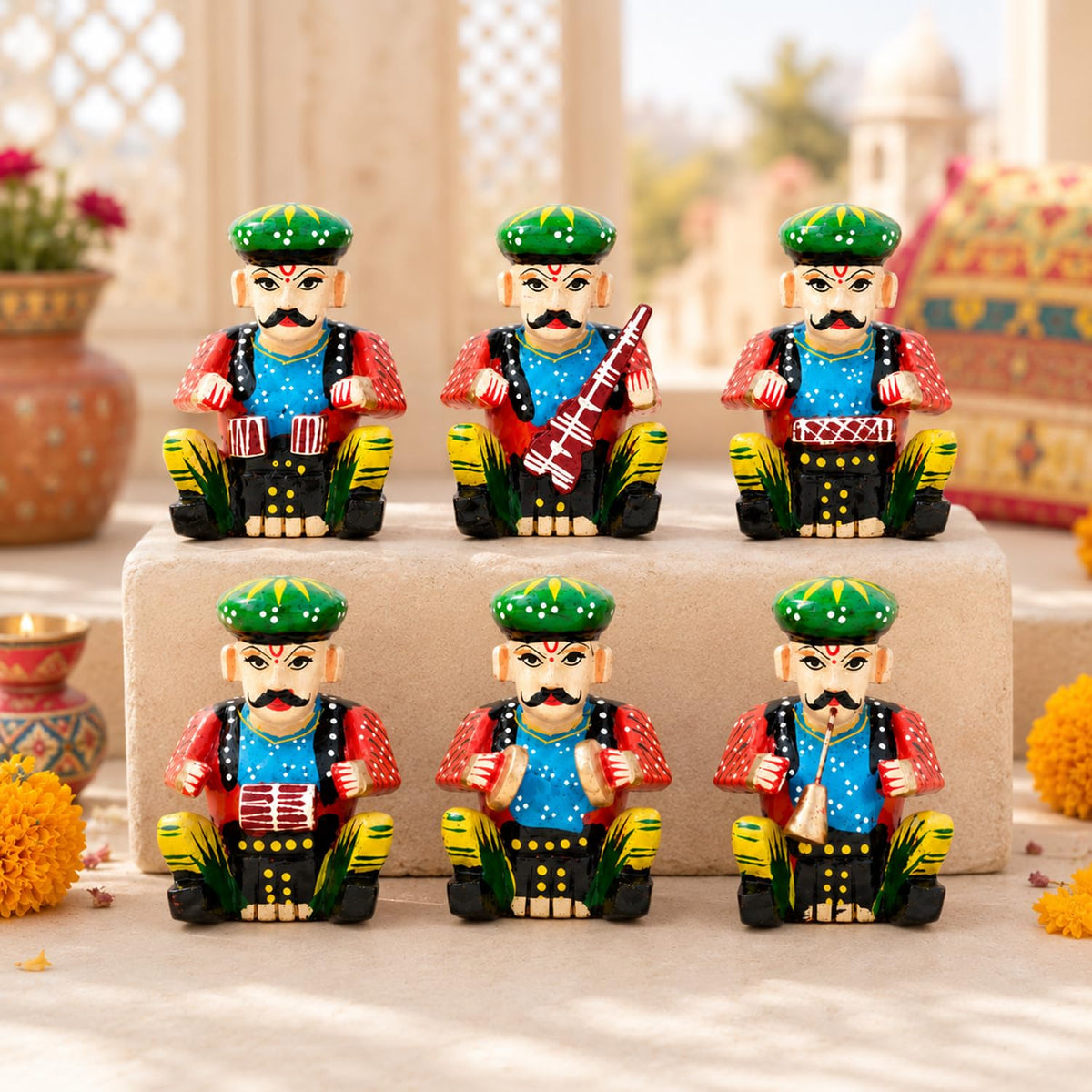 Handmade Wooden Rajasthani 6 Piece Musician Bawla Set Small