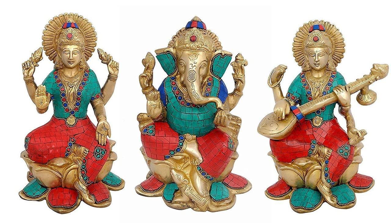 Brass Saraswati Lakshmi and Ganesha on lotus Multicolor Statue-ArtyCraftz.com
