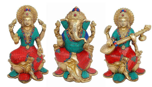 Brass Saraswati Lakshmi and Ganesha on lotus Multicolor Statue-ArtyCraftz.com