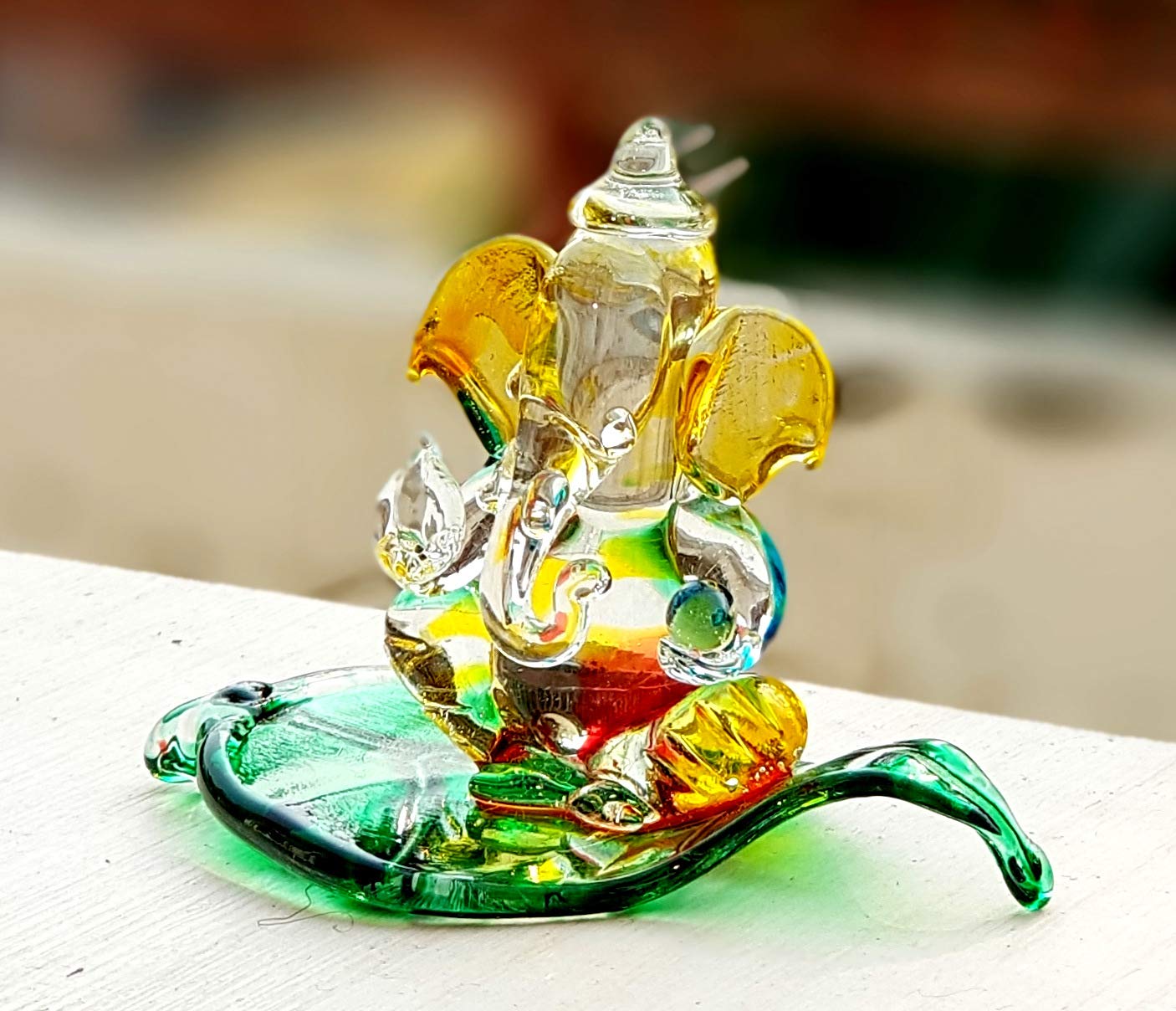 Glass Ganesha Idol on Leaf Base-ArtyCraftz.com