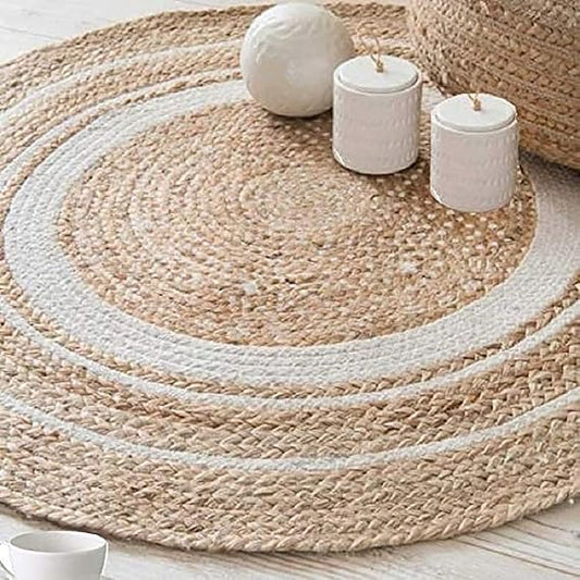 Handcrafted Round Beige-Brown Circle Jute Mat |Round Jute Mat Rug/Jute Mat Carpet for Livingroom, Bedroom, Dining Room 110 Cm