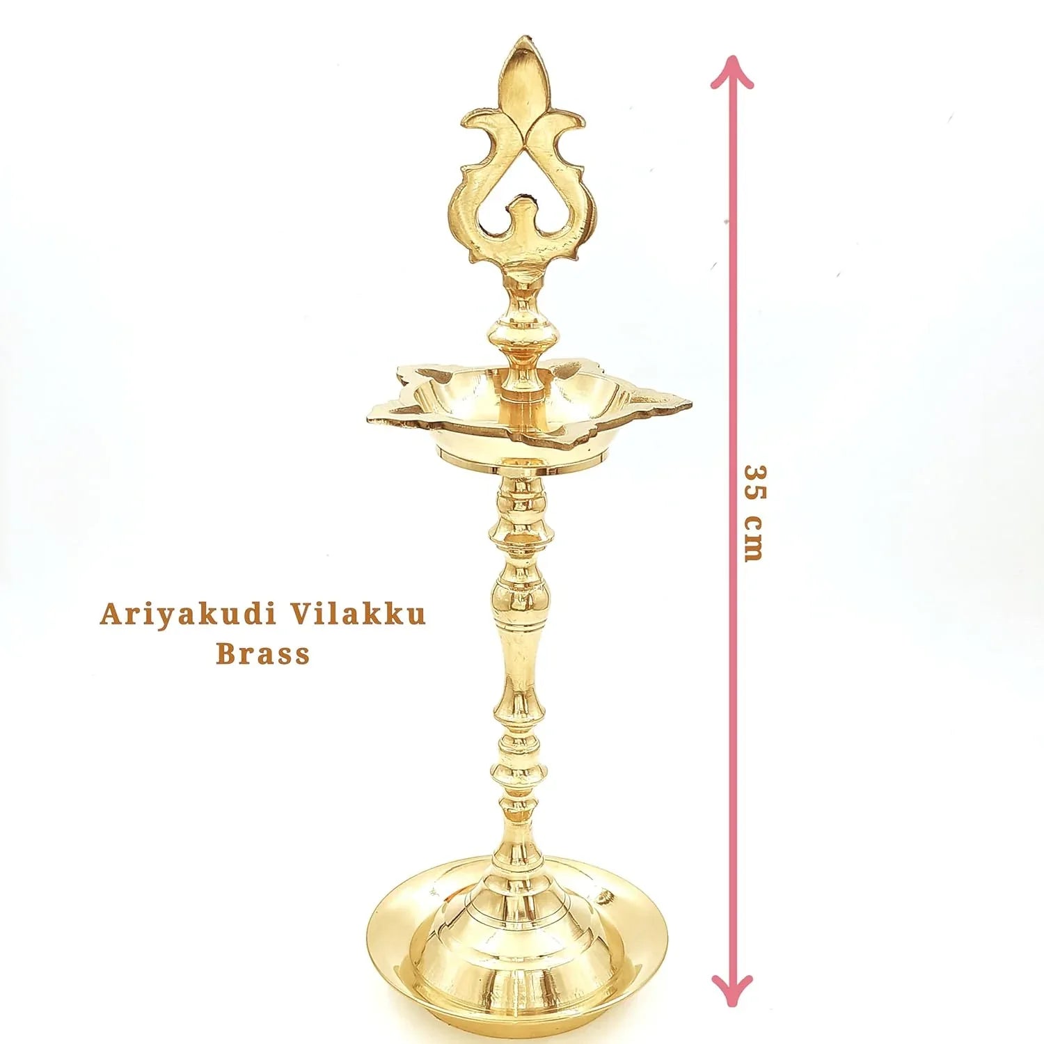 Brass lamp with measurement details on a white background