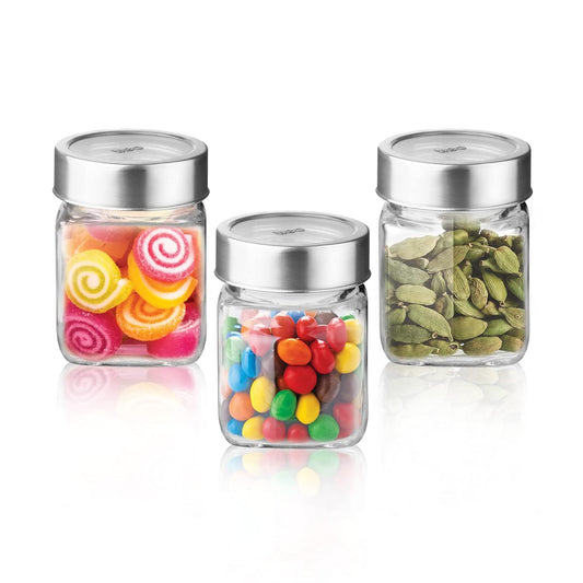 Treo By Milton Cube Storage Glass Jar, Set of 3, 180 ml Each, Transparent