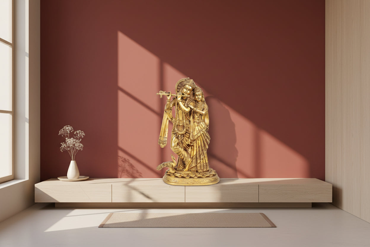 Brass Radha Krishna Idol with Flute – 12 Inches-ArtyCraftz.com