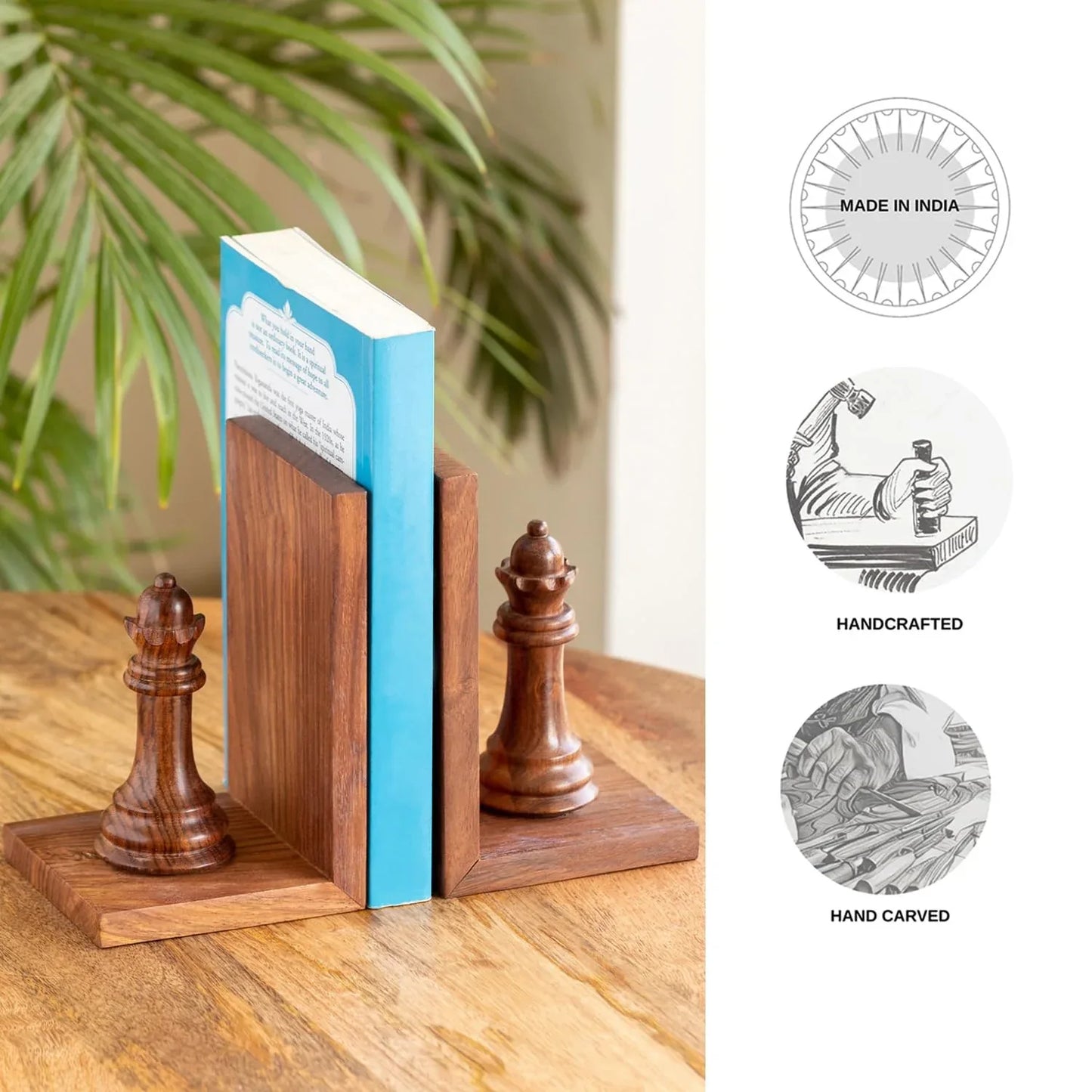 'Chess Queen' Sheesham Wooden Bookends (20.3 cm x 9.7 cm x 16.0 cm, Brown)