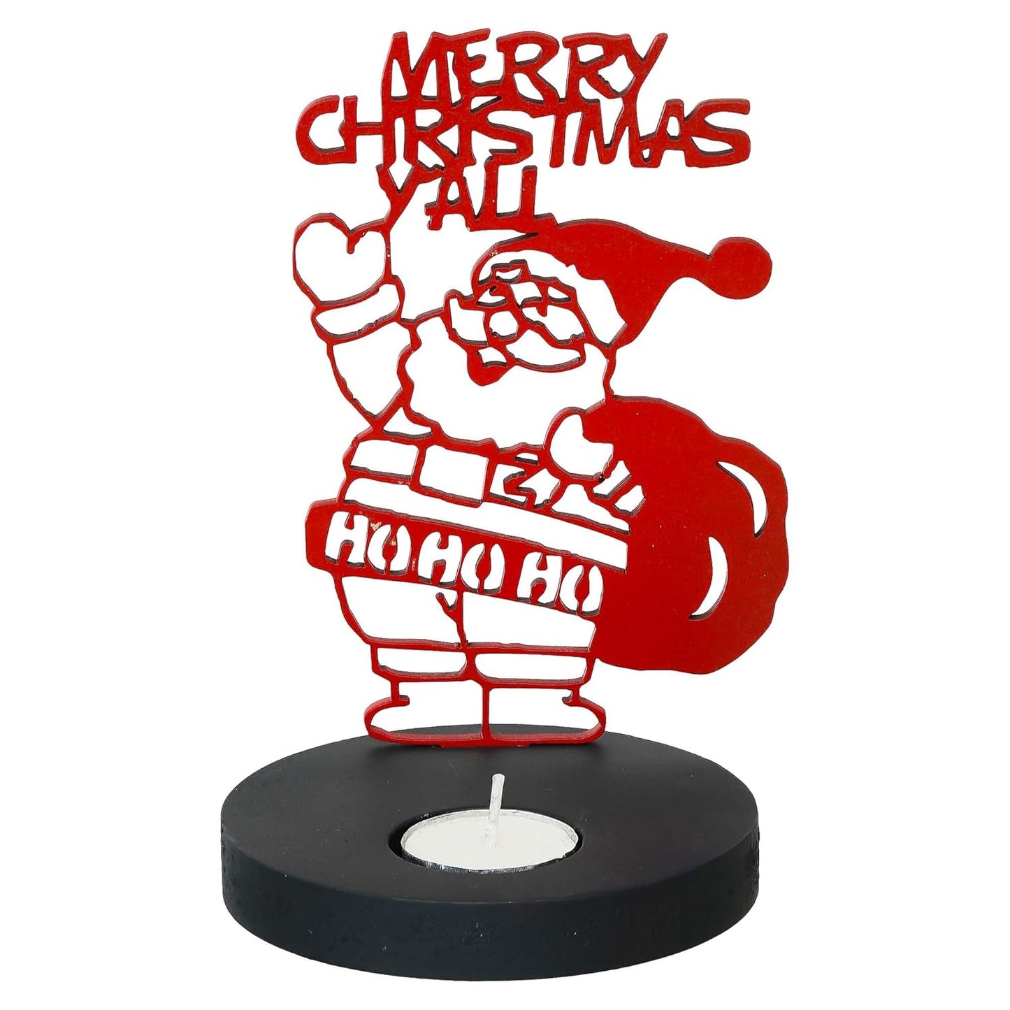 Red metal Santa Claus decoration with 'Merry Christmas Y'all'