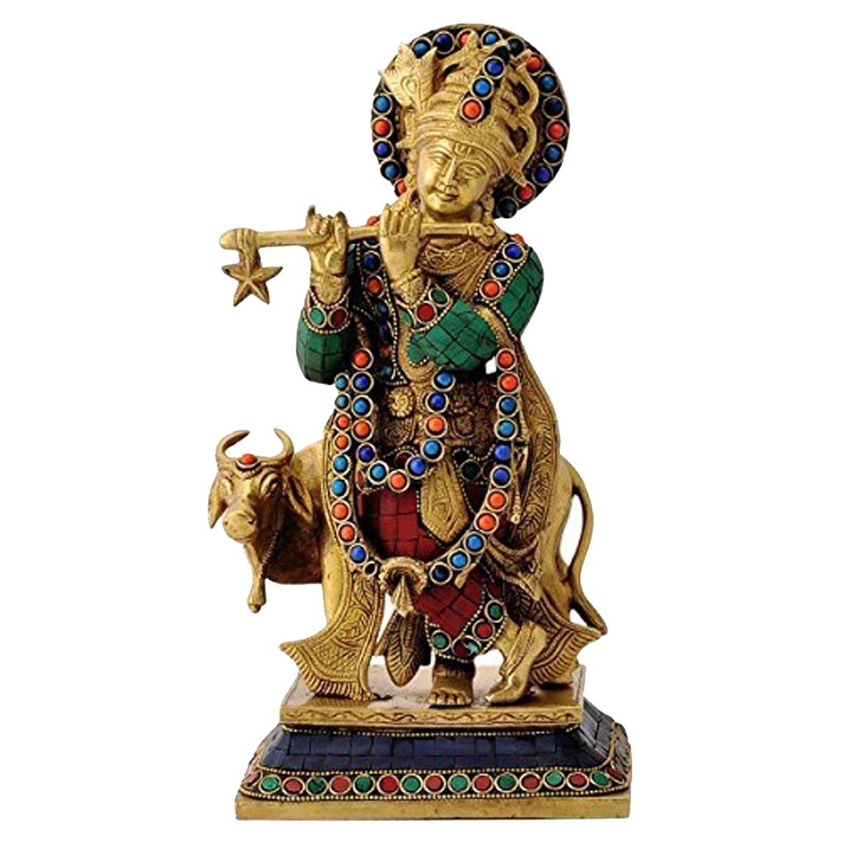 Brass Krishna Statue with Kamdhenu Cow 12 inches