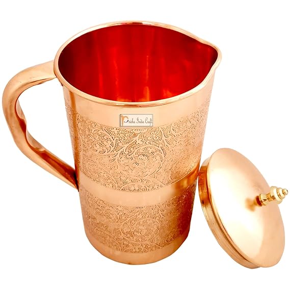 Embossed Design Pure Copper Water Jug Pitcher, Drinkware Set, 1500 ML