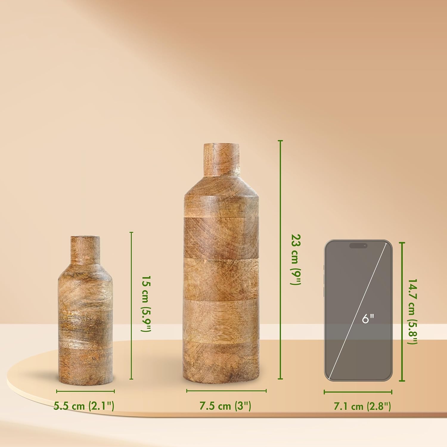 Two wooden bottle style vases with measurements