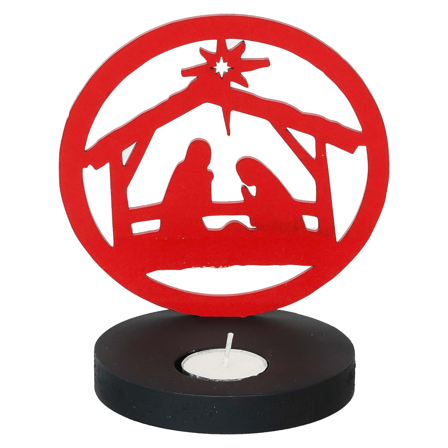 Red nativity scene candle holder with black base