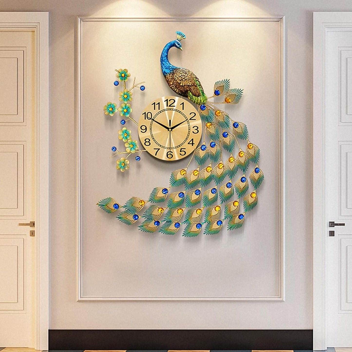 Metal Peacock with Flowers and Gem Stone Wall Clock