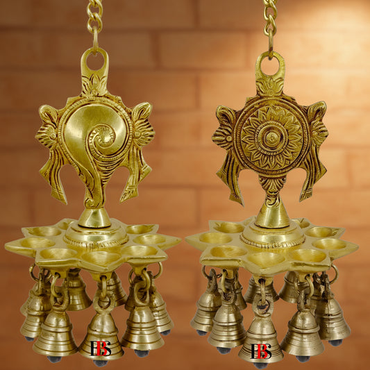 Shankh Chakra Brass Hanging Lamp with Bells-ArtyCraftz.com