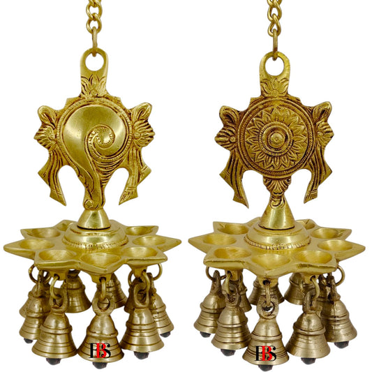 Shankh Chakra Brass Hanging Lamp with Bells-ArtyCraftz.com