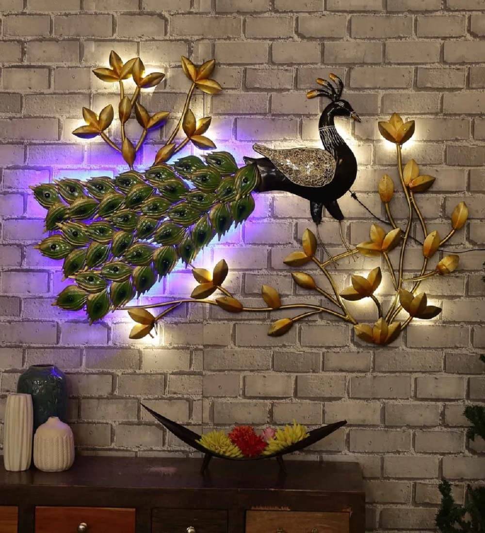 Metal Peacock On Leaf Led Wall Art