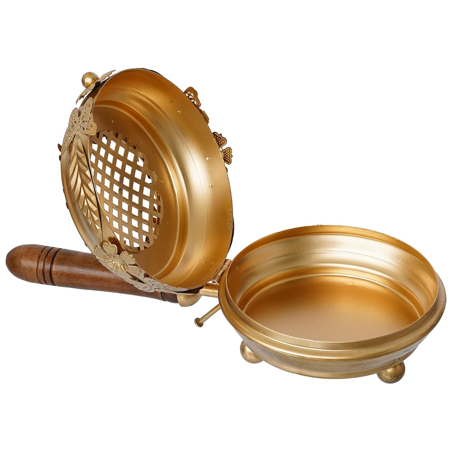 Gold-colored strainer with wooden handle