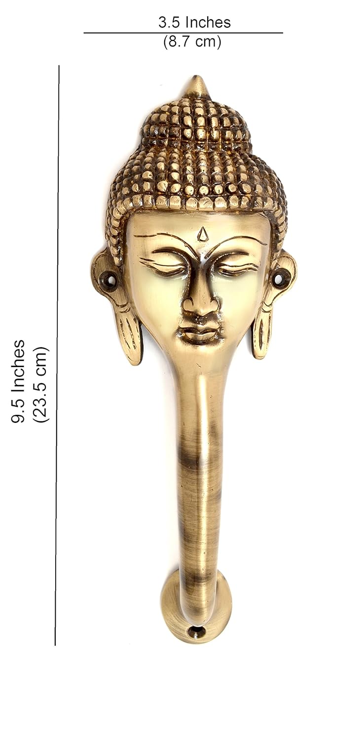 Brass Buddha head door handle with measurements on a white background