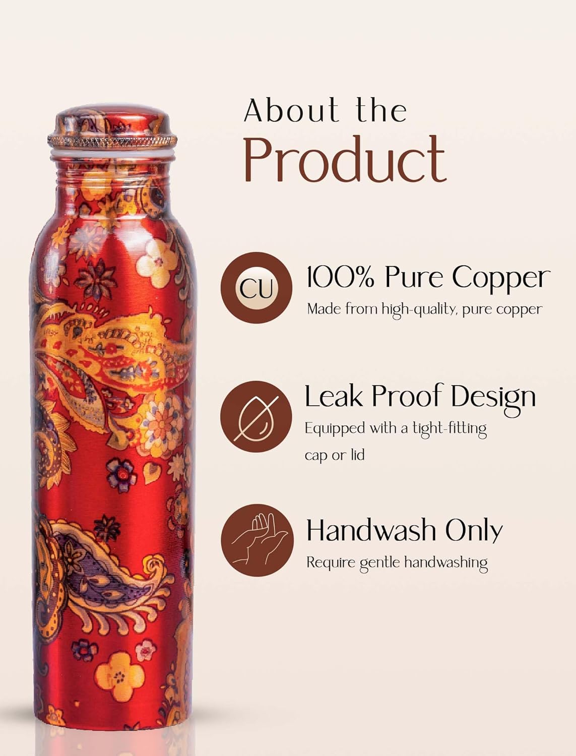 Pure Copper Floral Printed Water Bottle Joint-Less Leak-Proof - ArtyCraftz.com
