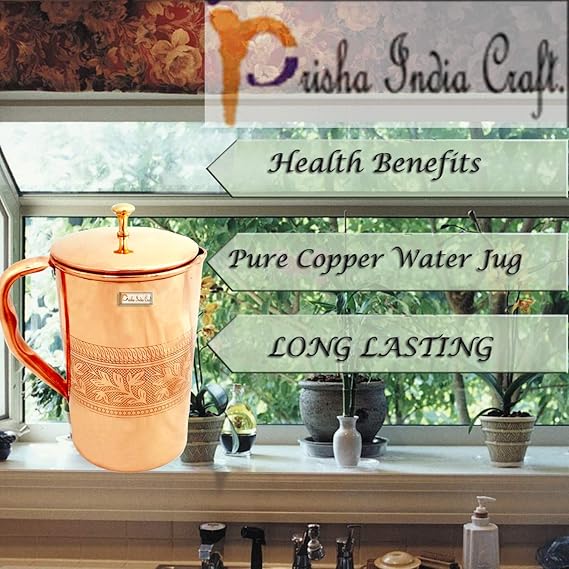 Pure Copper Jug for Health Benefits with 6 Indian Pure Copper Handmade Tumbler Glass